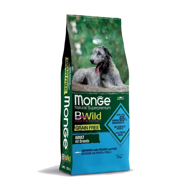 Monge Bwild secco cane adulto 12kg con acciughe, patate e piselli, ideale per tutte le taglie Monge Bwild secco cane adulto 12kg con acciughe, patate e piselli, ideale per tutte le taglie